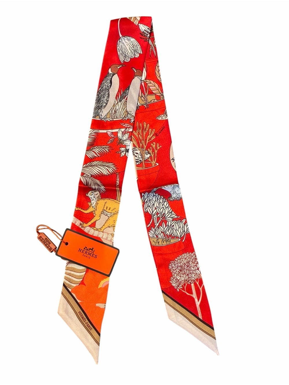 Precious Paradise Twilly Scarf Red Multi Birds Monkey Floral 100% Silk
